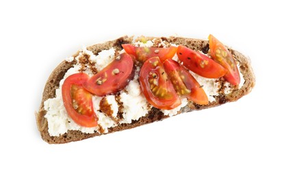 Delicious ricotta bruschetta with tomatoes and sauce isolated on white, top view