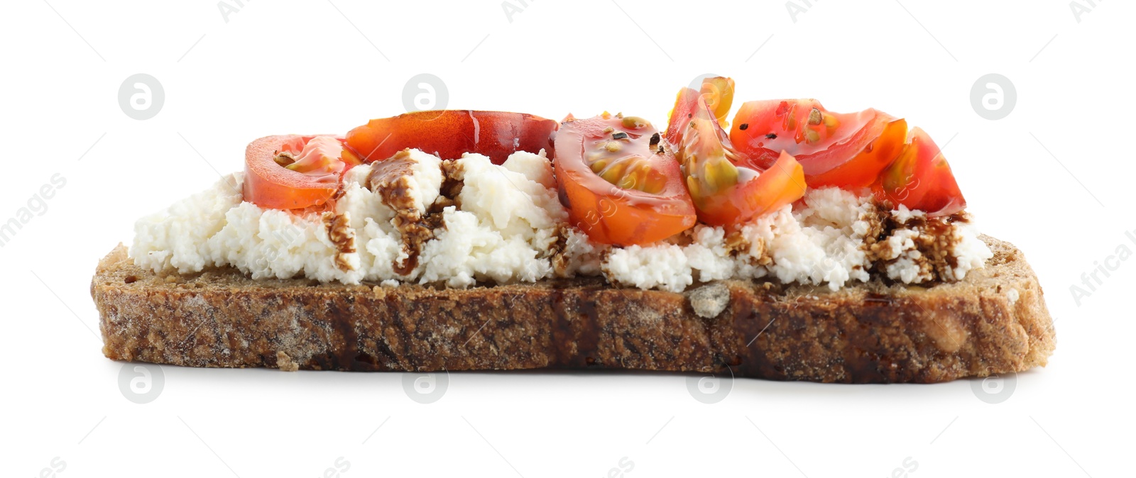 Photo of Delicious ricotta bruschetta with tomatoes and sauce isolated on white