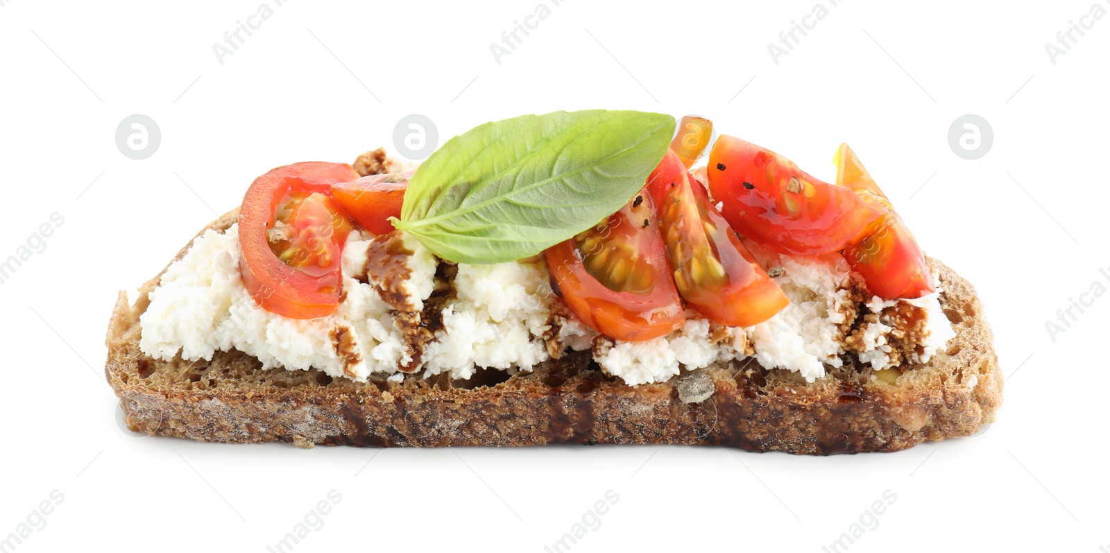 Photo of Delicious ricotta bruschetta with tomatoes, basil and sauce isolated on white