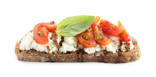 Photo of Delicious ricotta bruschetta with tomatoes, basil and sauce isolated on white