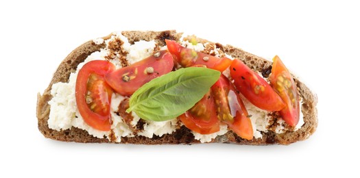 Photo of Delicious ricotta bruschetta with tomatoes, basil and sauce isolated on white, top view