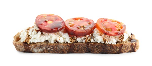 Photo of Delicious ricotta bruschetta with tomatoes and sauce isolated on white