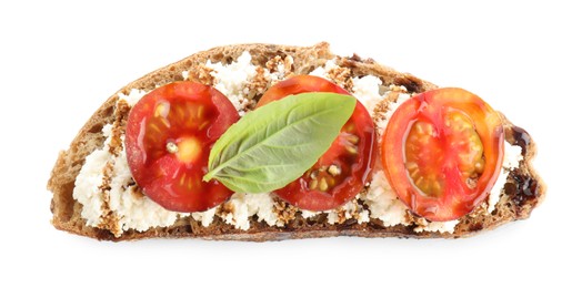 Photo of Delicious ricotta bruschetta with tomatoes, basil and sauce isolated on white, top view