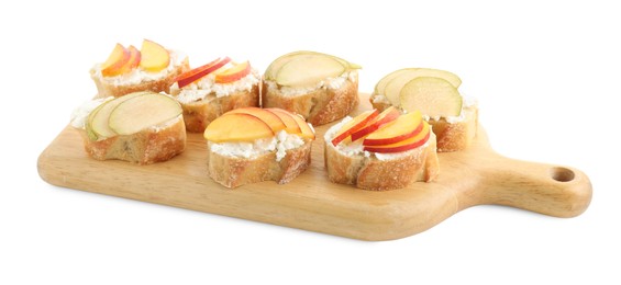 Photo of Delicious ricotta bruschettas with pears and apricots isolated on white