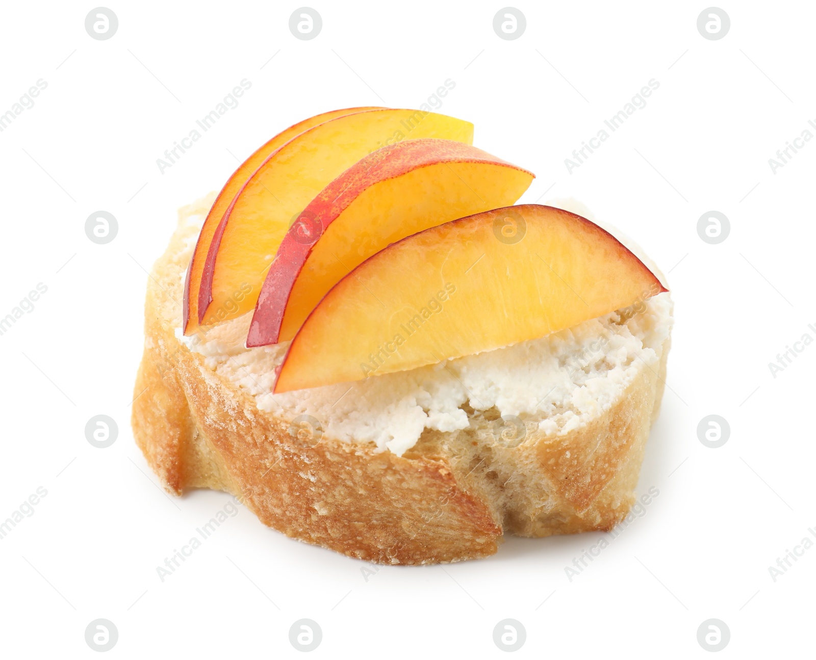 Photo of Delicious bruschetta with ricotta cheese and apricot isolated on white