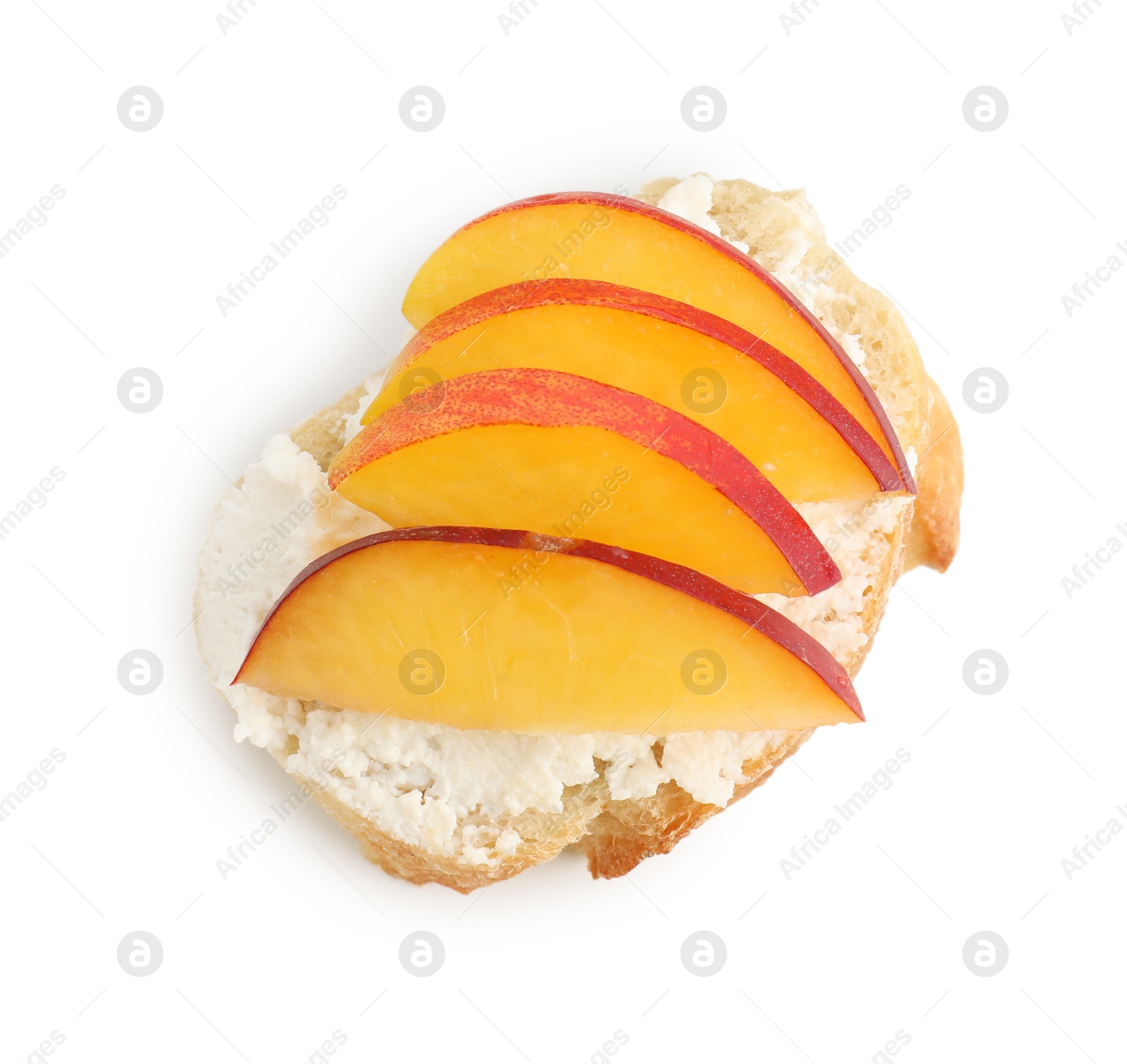 Photo of Delicious bruschetta with ricotta cheese and apricot isolated on white, top view