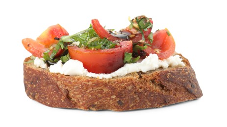 Photo of Delicious bruschetta with ricotta cheese, tomatoes and arugula isolated on white