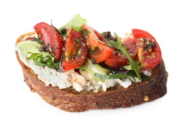 Photo of Delicious bruschetta with ricotta cheese, tomatoes and arugula isolated on white