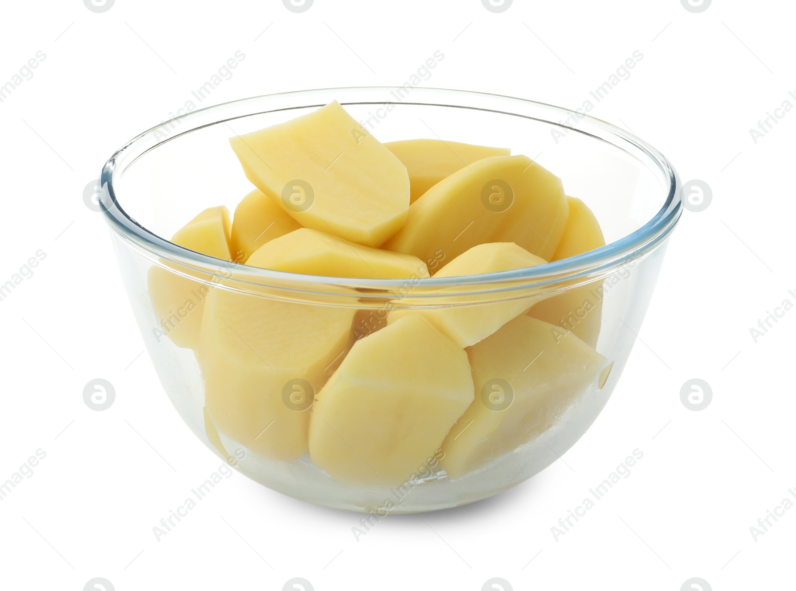 Photo of Raw potatoes in bowl isolated on white