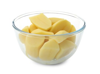 Photo of Raw potatoes in bowl isolated on white