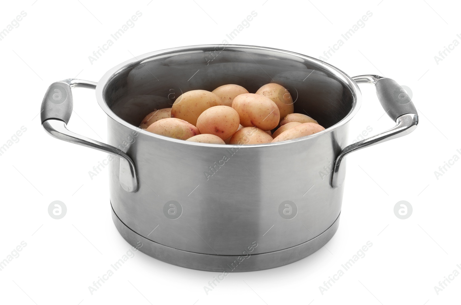 Photo of Raw potatoes in pot isolated on white