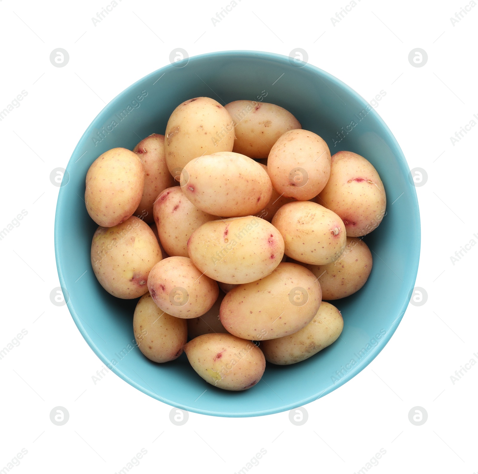 Photo of Raw potatoes in bowl isolated on white, top view