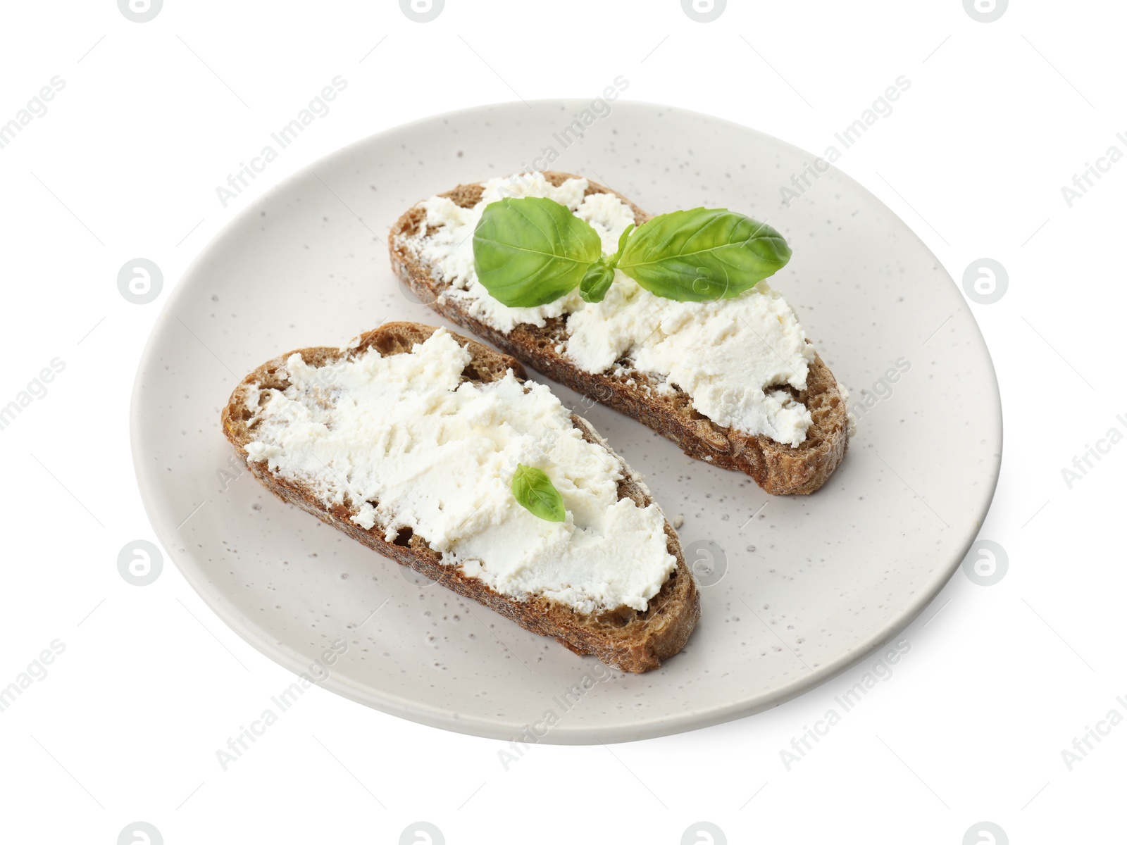 Photo of Delicious bruschettas with ricotta cheese and basil isolated on white