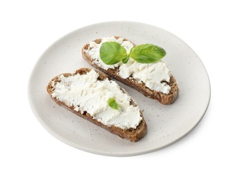 Photo of Delicious bruschettas with ricotta cheese and basil isolated on white