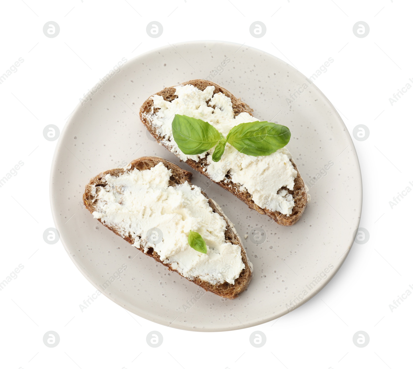 Photo of Delicious bruschettas with ricotta cheese and basil isolated on white, top view