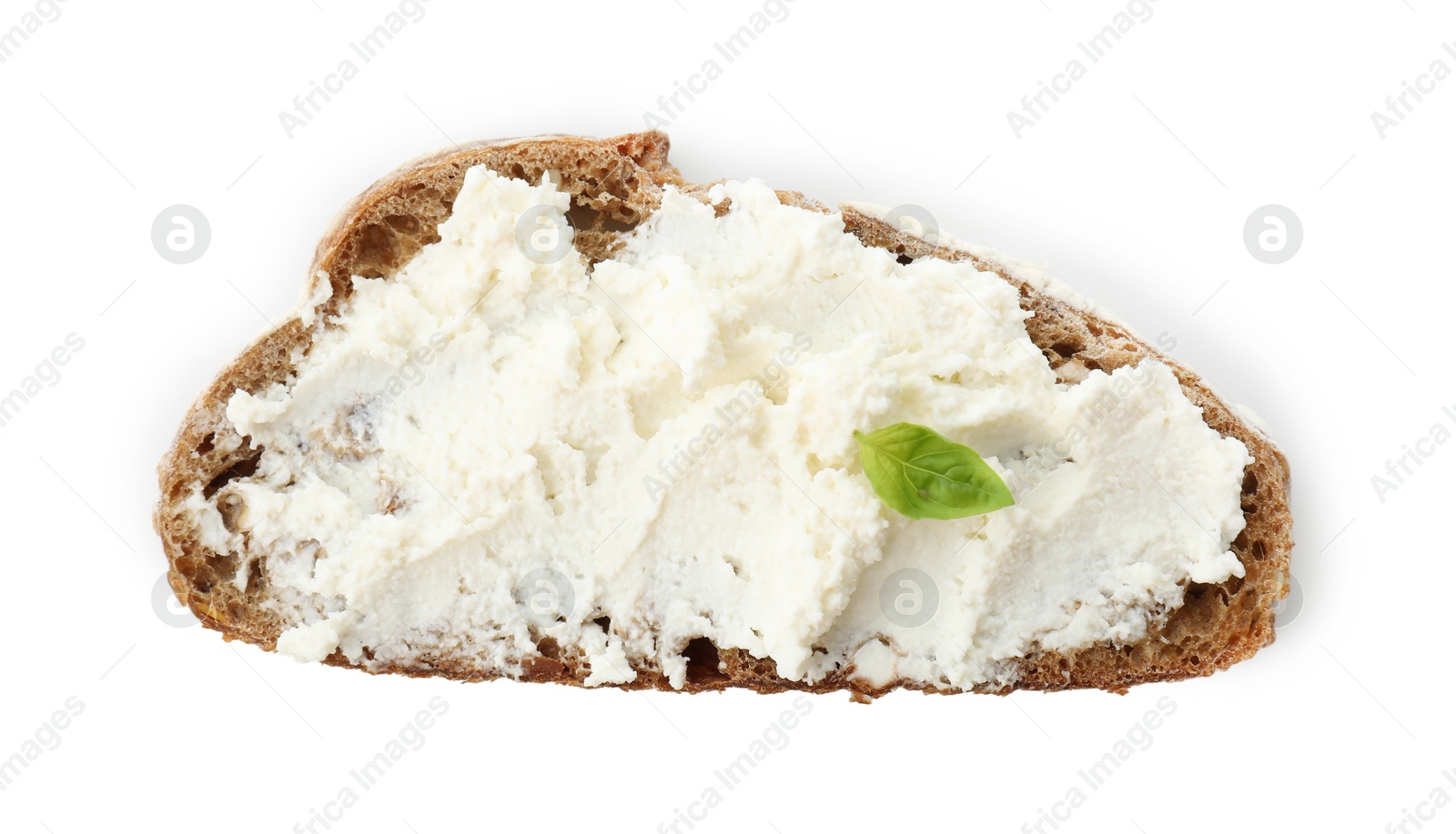 Photo of Delicious bruschetta with ricotta cheese and basil isolated on white, top view