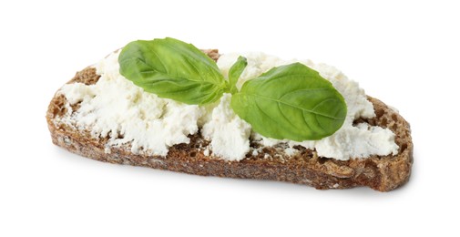 Photo of Delicious bruschetta with ricotta cheese and basil isolated on white