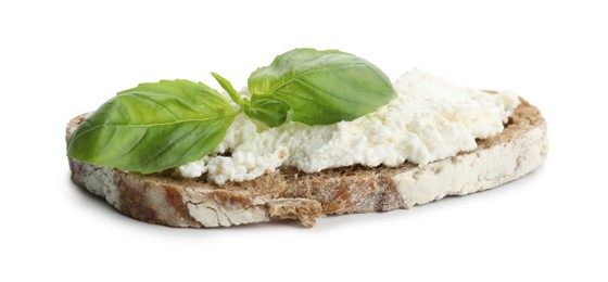 Photo of Delicious bruschetta with ricotta cheese and basil isolated on white