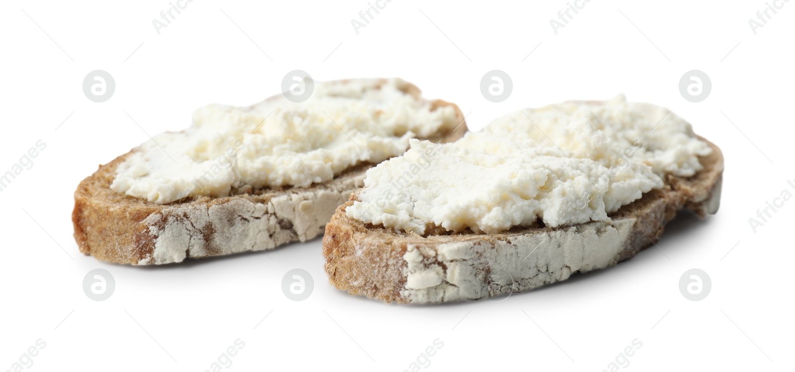 Photo of Delicious bruschetta with ricotta cheese isolated on white