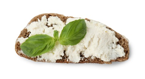 Delicious bruschetta with ricotta cheese and basil isolated on white, top view