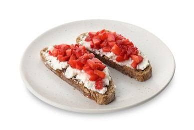 Photo of Delicious bruschettas with ricotta cheese and chopped strawberries isolated on white