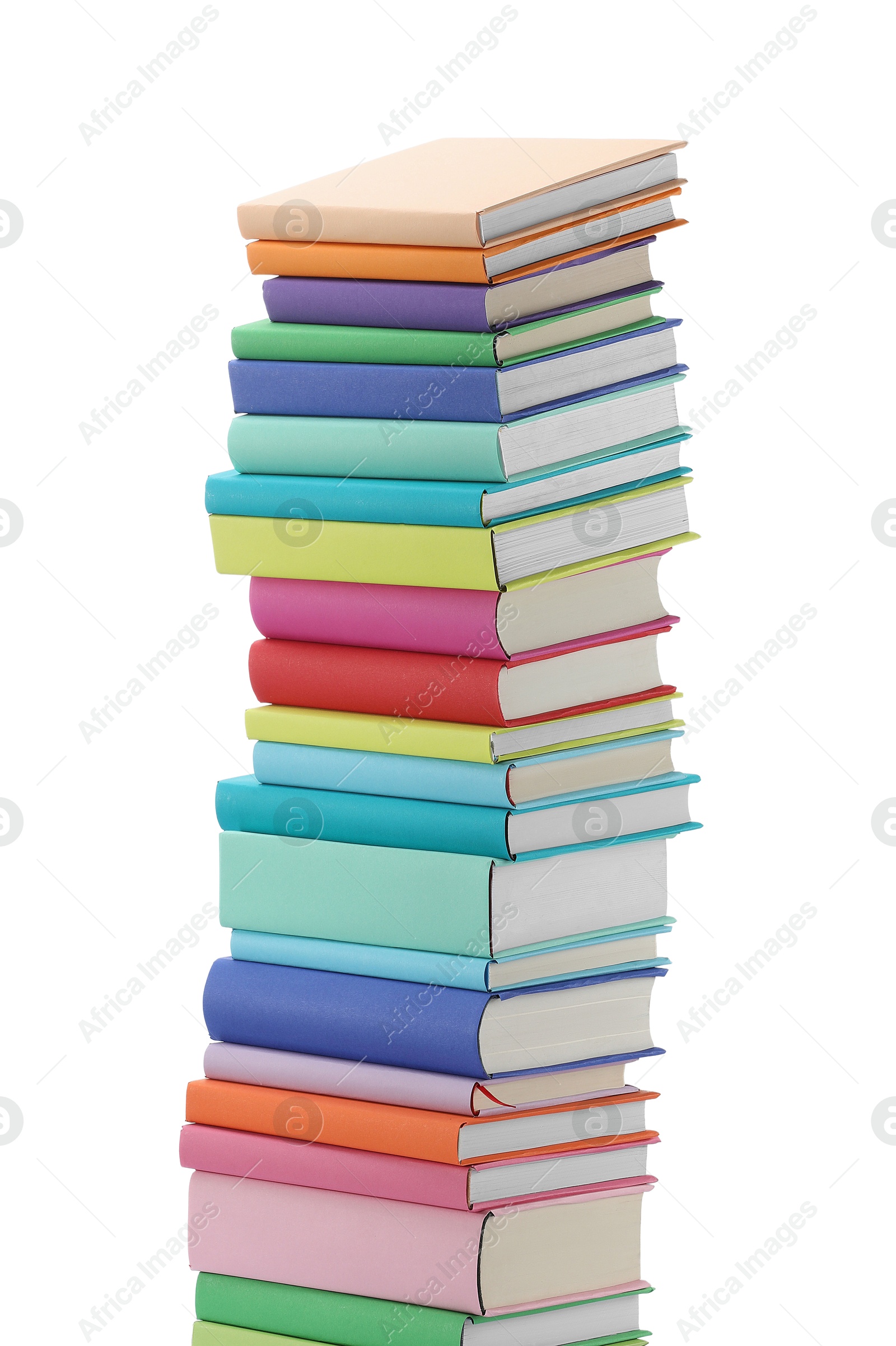 Photo of Stack of colorful books isolated on white