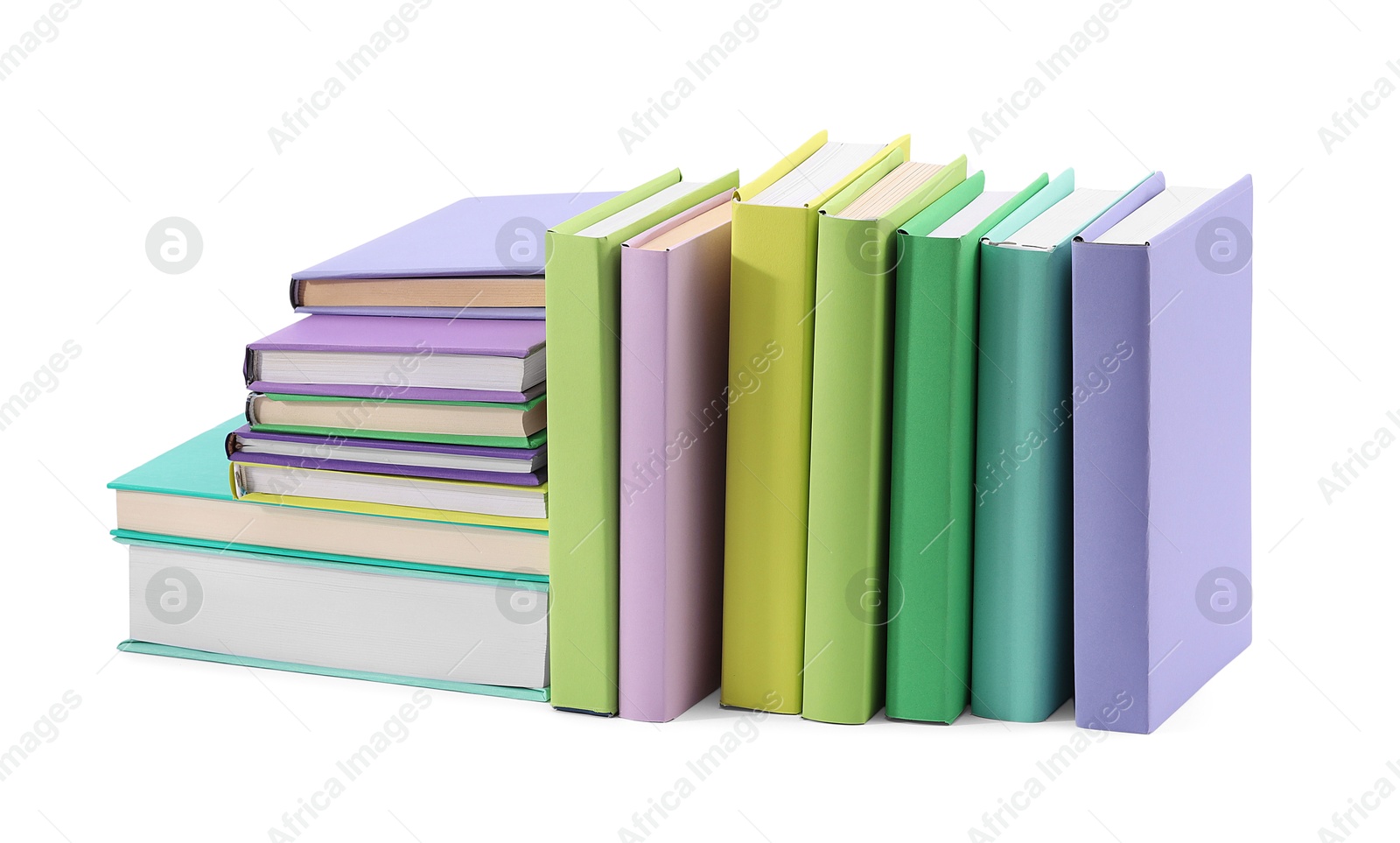 Photo of Many bright colorful books isolated on white