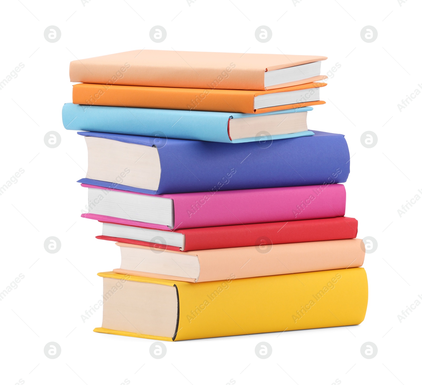 Photo of Stack of colorful books isolated on white