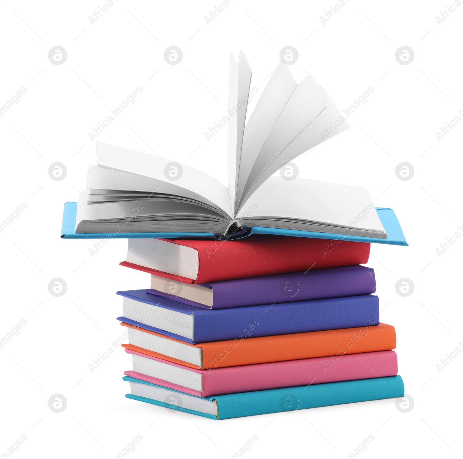 Photo of Stack of colorful books isolated on white