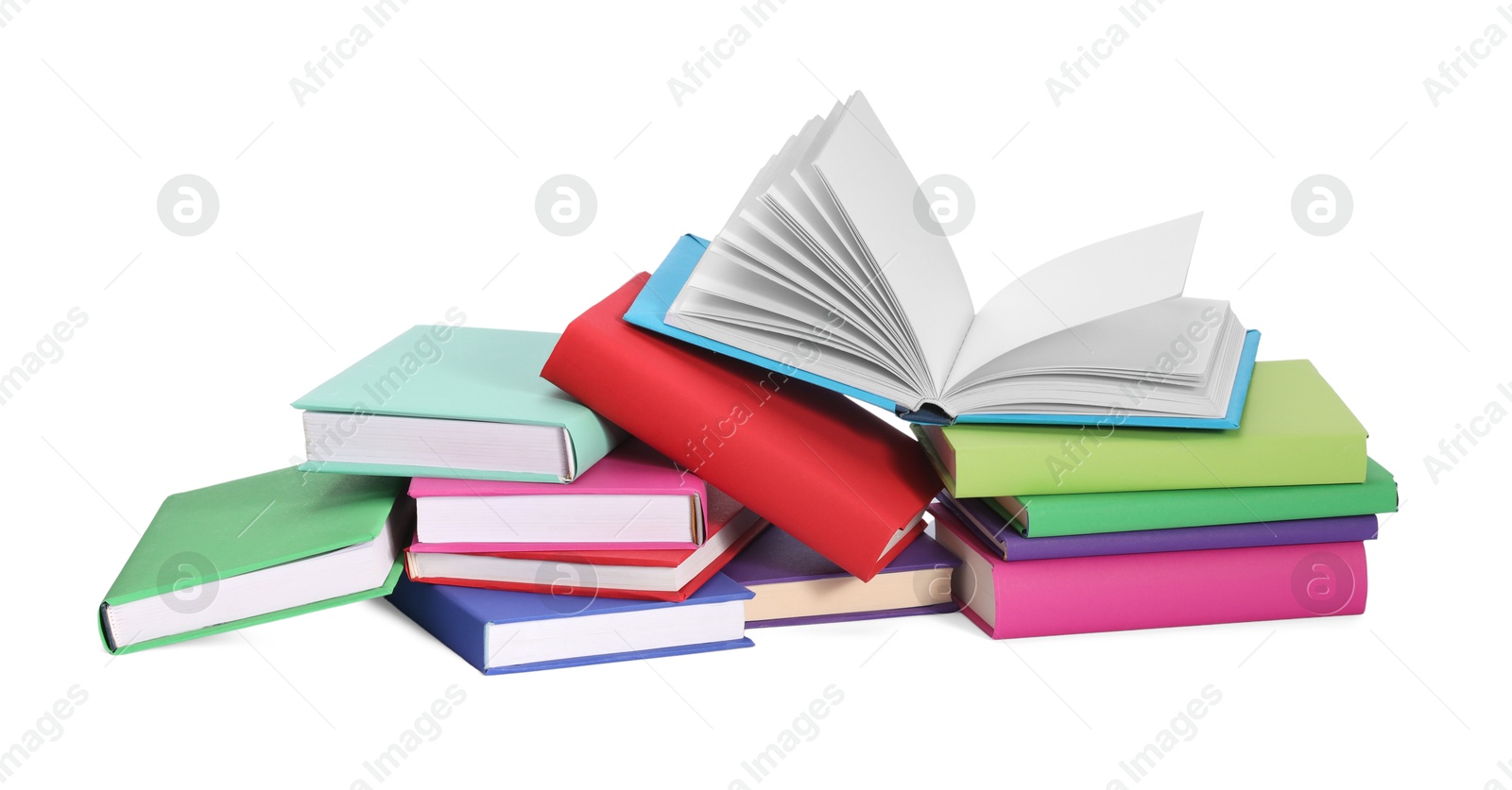 Photo of Many bright colorful books isolated on white