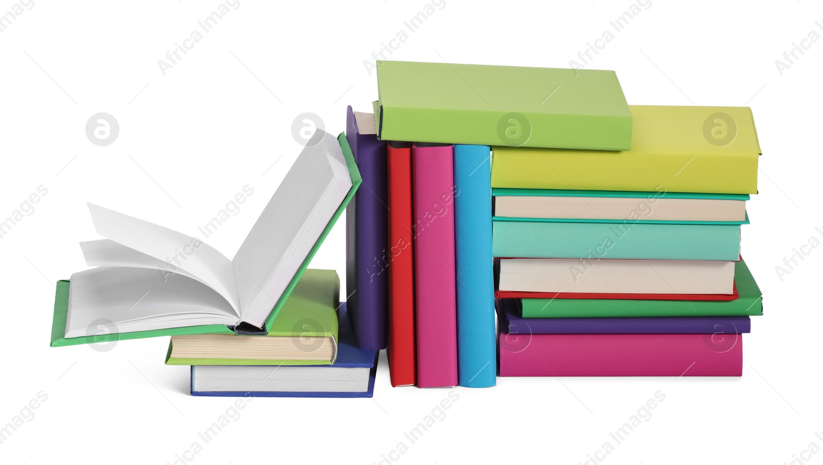 Photo of Many bright colorful books isolated on white