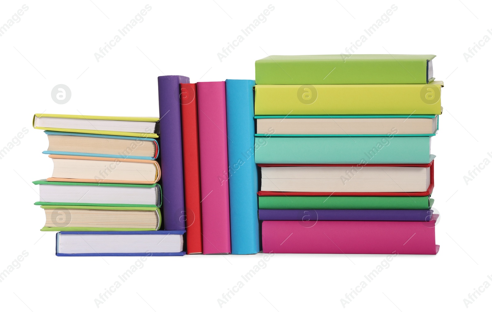 Photo of Many bright colorful books isolated on white