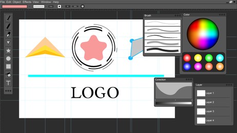 Illustration of Creating logotype using graphic editor. Interface of software for designers