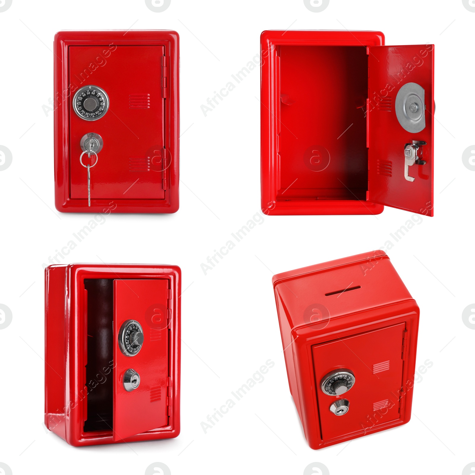 Image of Red steel safe with mechanical lock isolated on white, collage