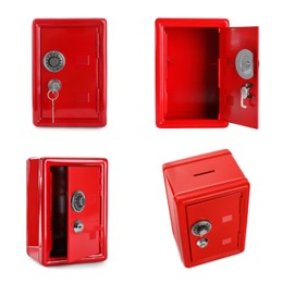 Image of Red steel safe with mechanical lock isolated on white, collage