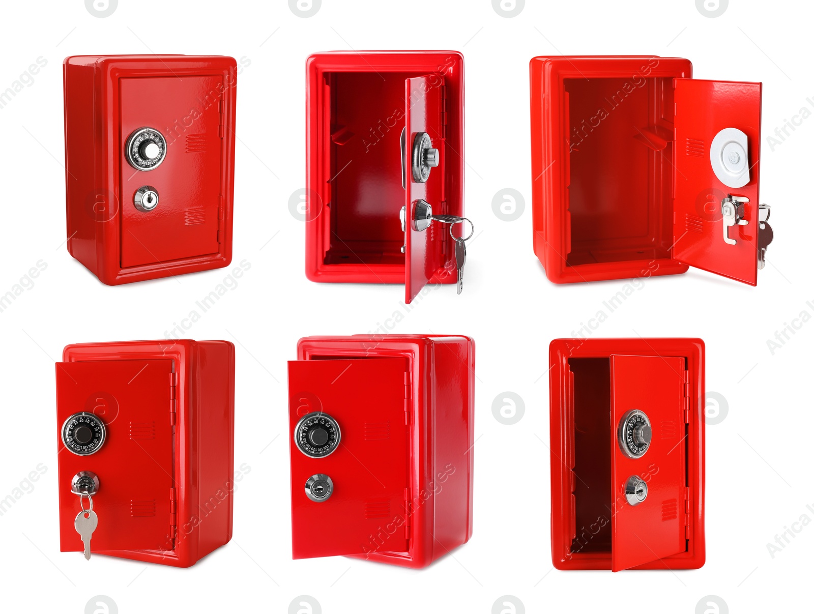 Image of Red steel safe with mechanical lock isolated on white, collage