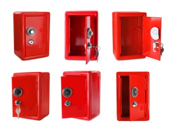 Image of Red steel safe with mechanical lock isolated on white, collage