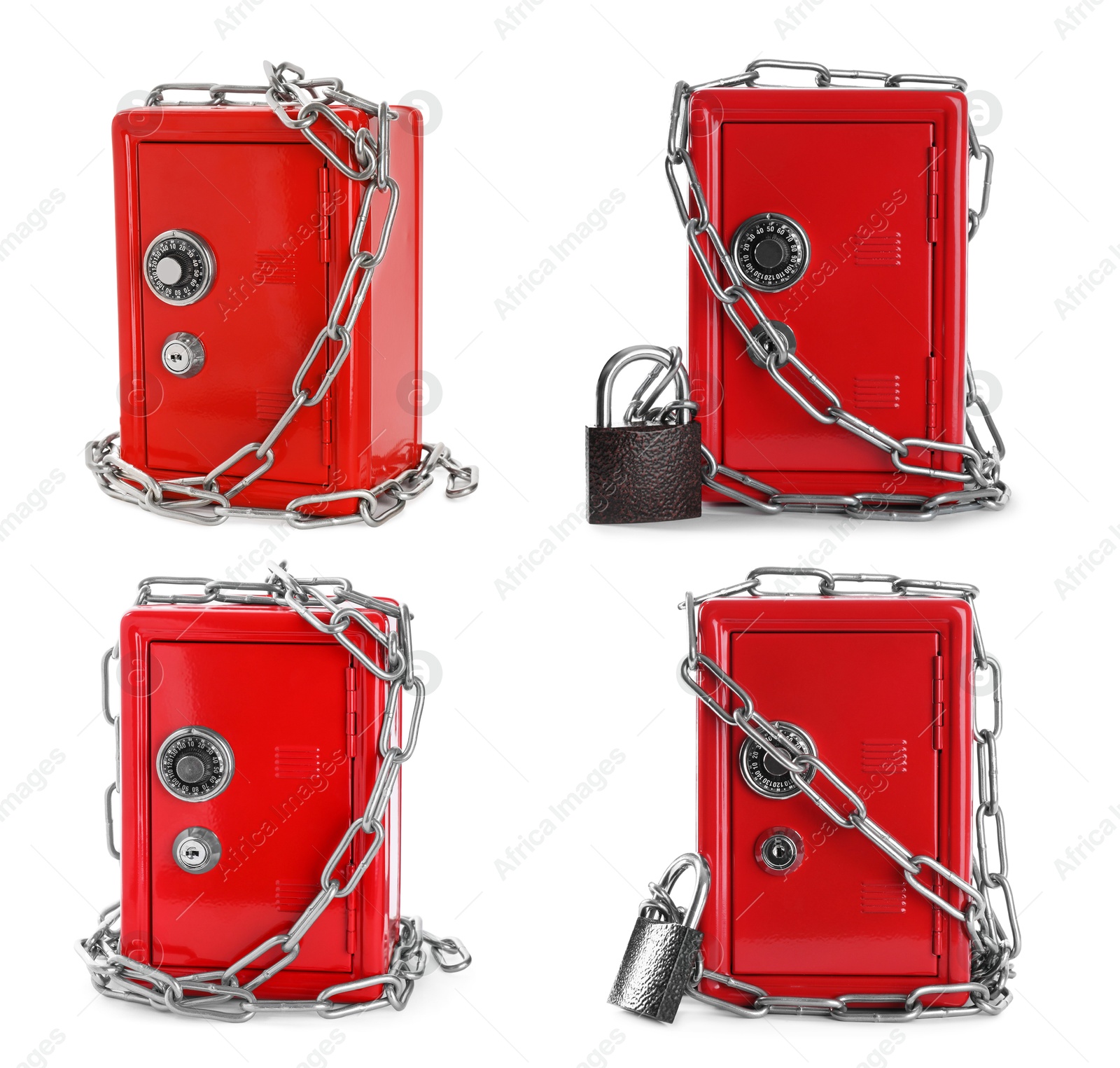 Image of Red steel safe with mechanical lock isolated on white, collage