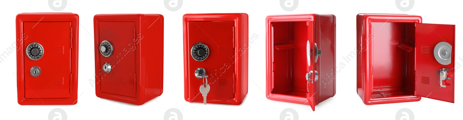 Image of Red steel safe with mechanical lock isolated on white, collage