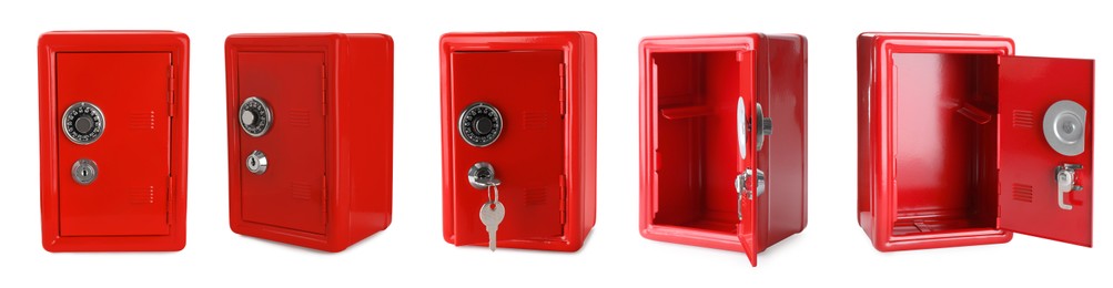 Red steel safe with mechanical lock isolated on white, collage