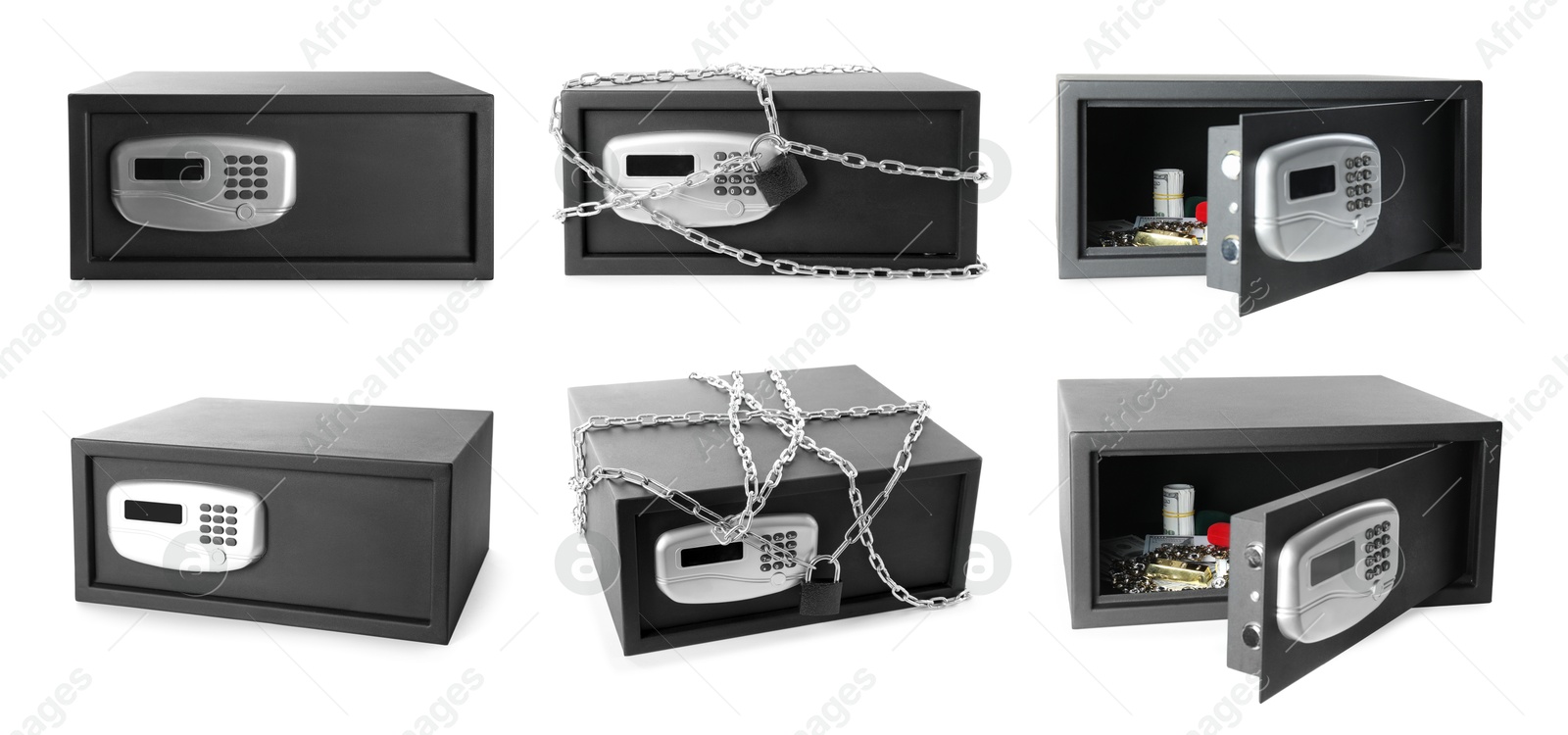 Image of Steel safe with electronic lock isolated on white, collage