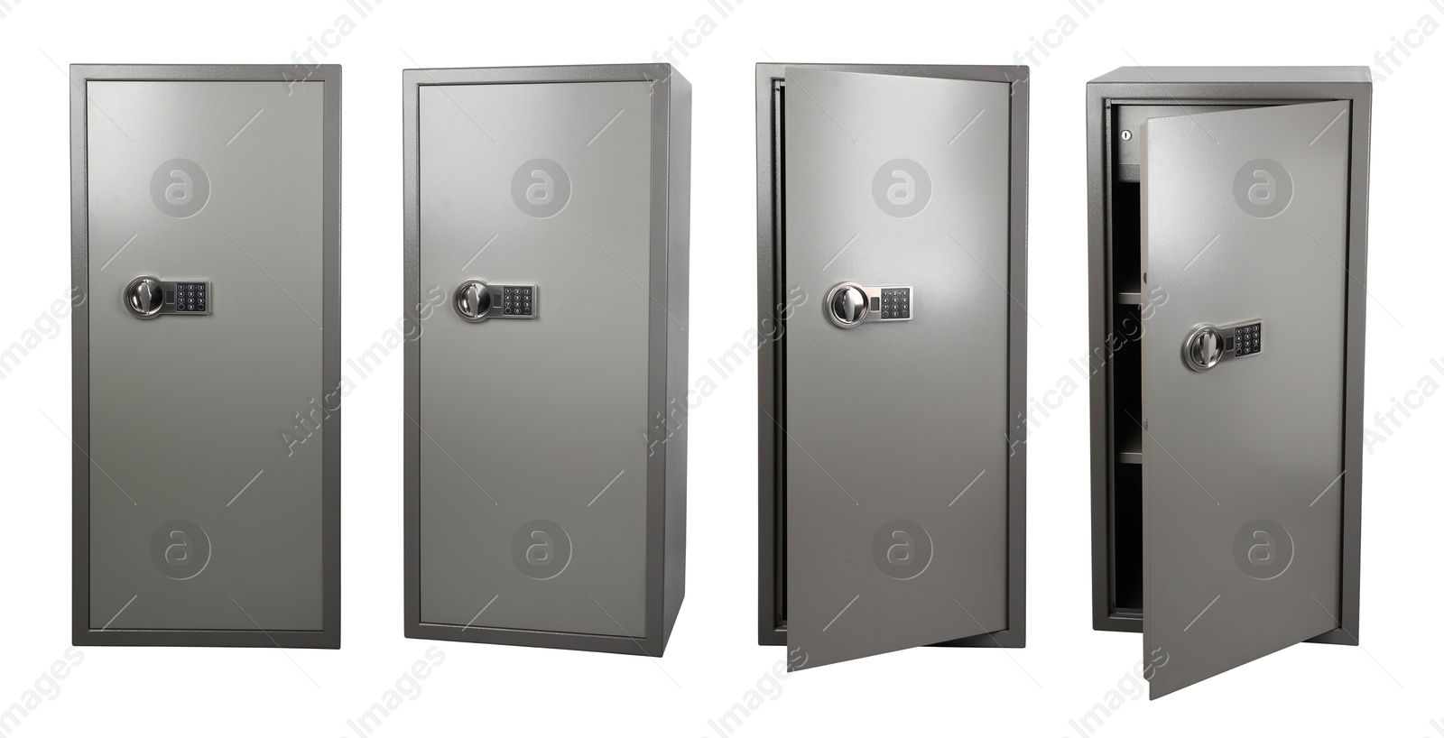 Image of Big steel safe with electronic lock isolated on white, collage