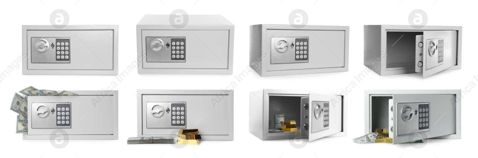 Image of Steel safe with electronic lock isolated on white, collage