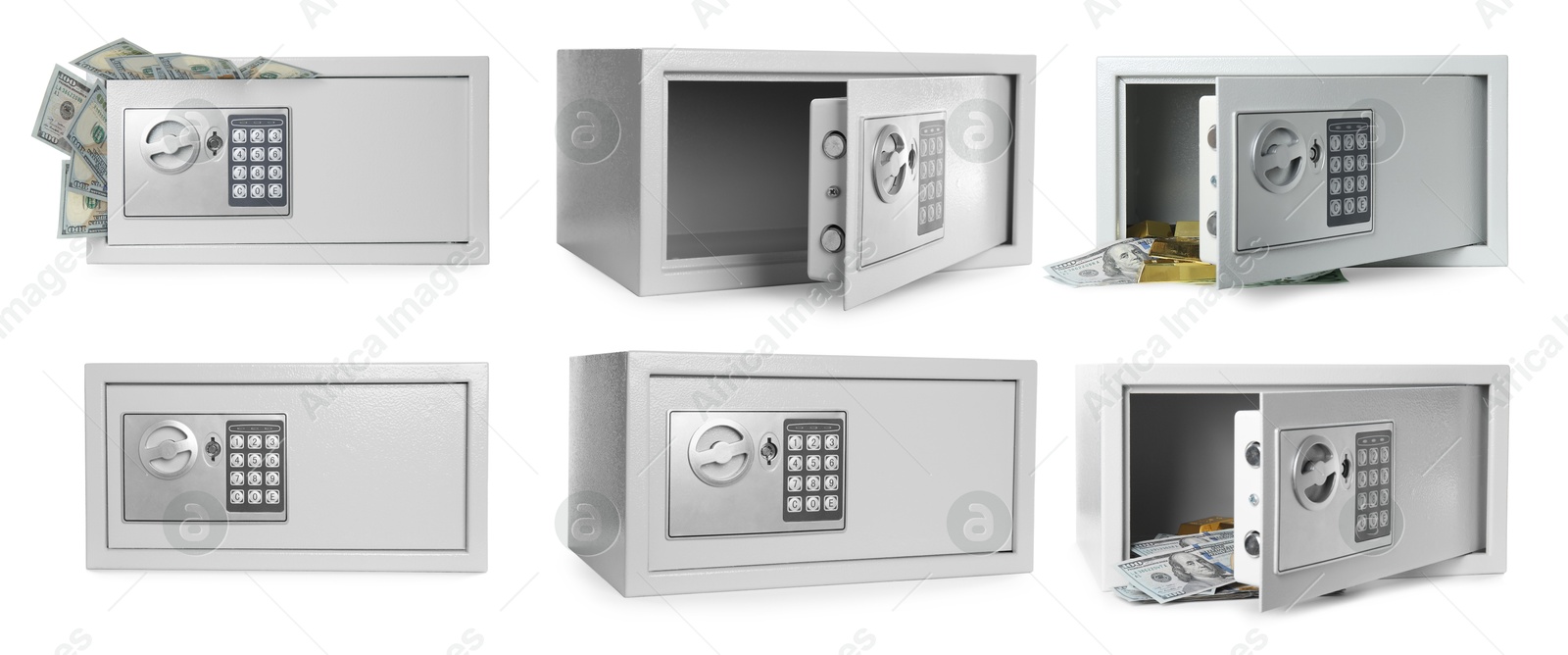 Image of Steel safe with electronic lock isolated on white, collage