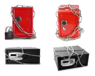 Image of Different steel safes isolated on white, collage