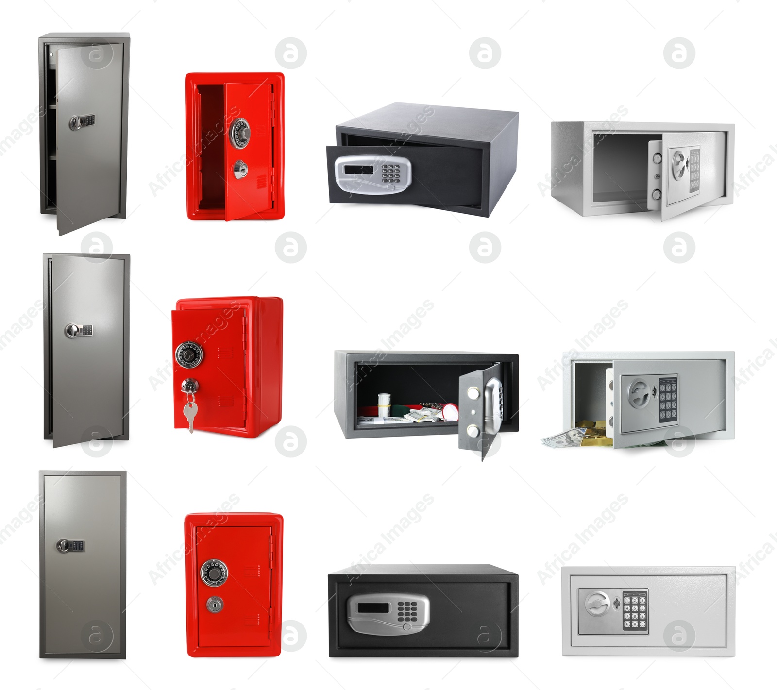 Image of Different steel safes isolated on white, collage