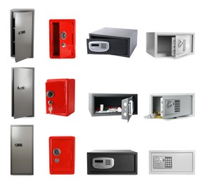 Image of Different steel safes isolated on white, collage