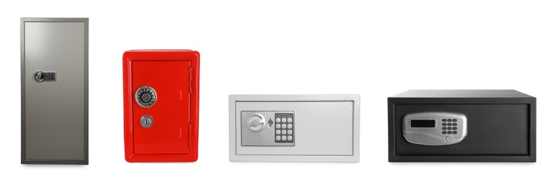 Image of Different steel safes isolated on white, collage