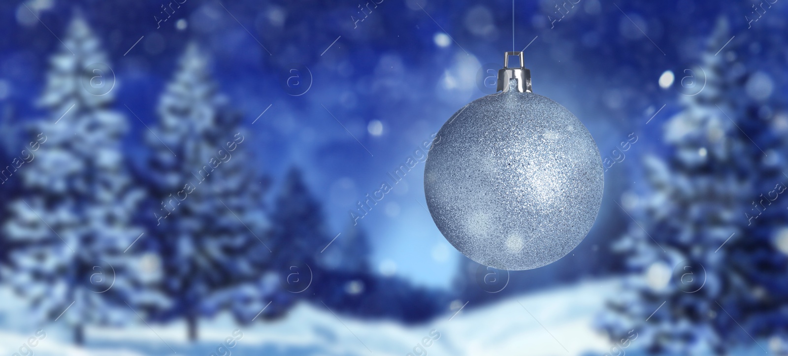 Image of Silver Christmas ball against snowy forest, banner design with space for text