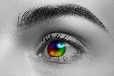 Woman's eye toned in rainbow colors, closeup